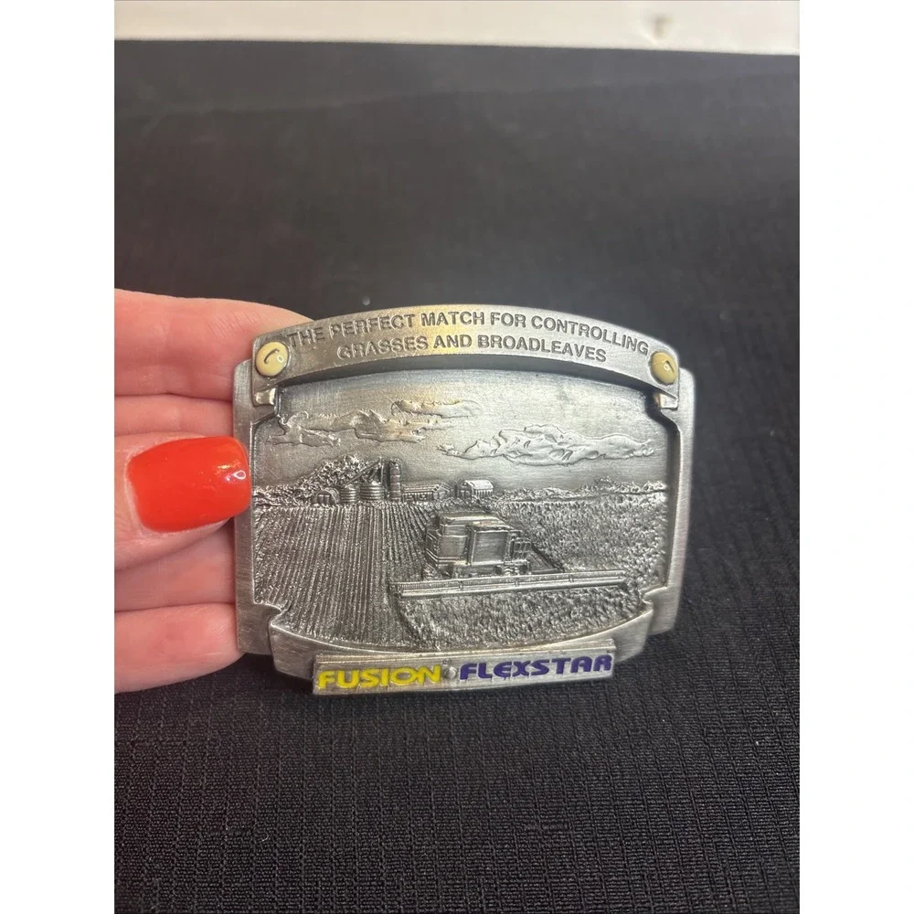 Vintage Fusion Flexstar Farm Belt Buckle Silver Tone Metal 1997 Made In USA